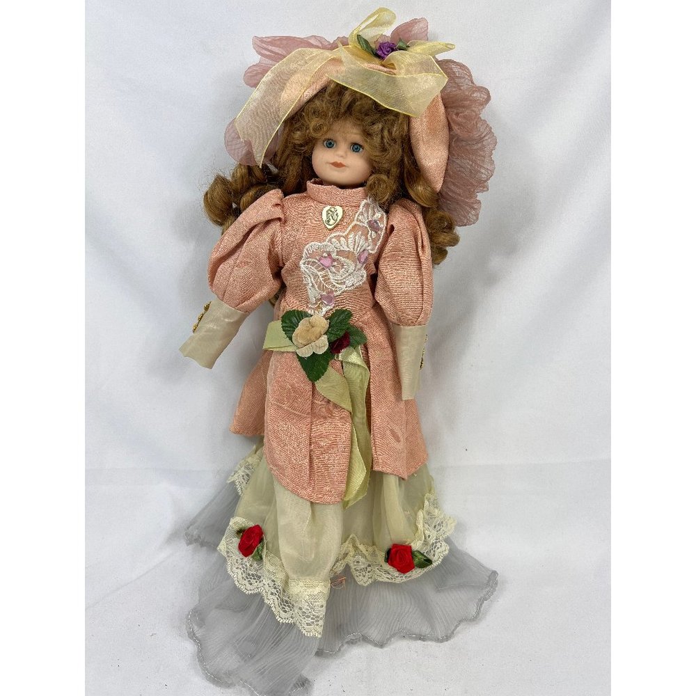 Vintage Porcelain Doll 15" Blue Eyes Brown Hair Pink Dress Floral Figure Toy 2